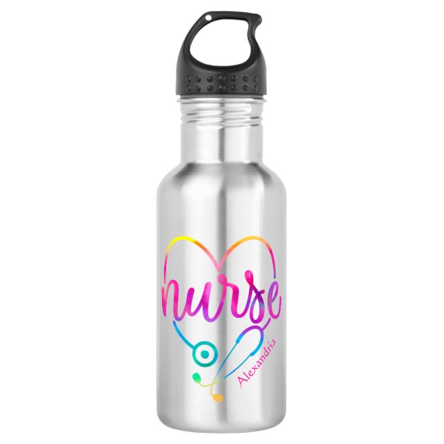 "Nurse" with Heart-Shaped Stethoscope Stainless Steel Water Bottle (Front)