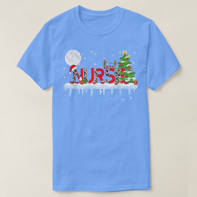 Nurse Xmas Tree Light Leopard Santa Hat Reindeer L T-Shirt (Design Front)