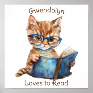 Nursery Art Poster Cat Reading a Book  Personalize