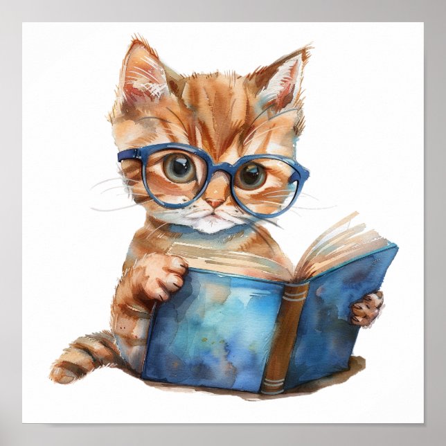 Nursery Art Poster Cat Reading with Eyeglasses (Front)