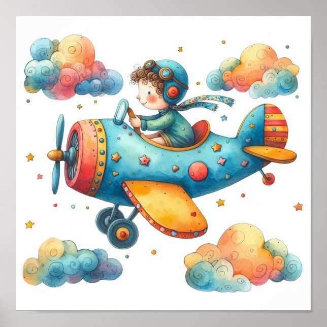 Nursery Art Poster Child Flying Propeller Airplane (Front)