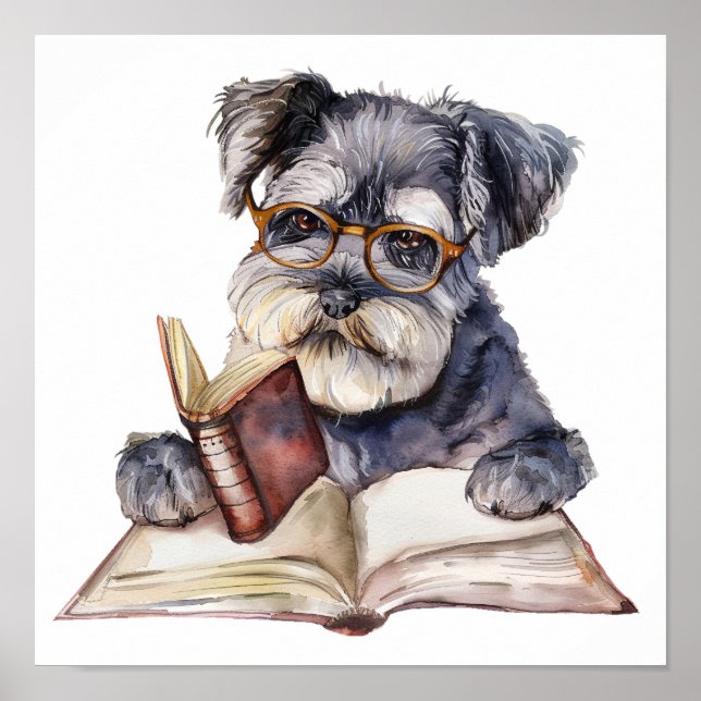Nursery Art Poster Dog Reading with Eyeglasses (Front)