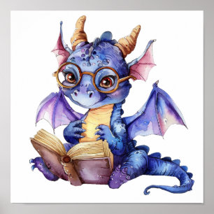 Nursery Art Poster Little Purple Dragon Reading 