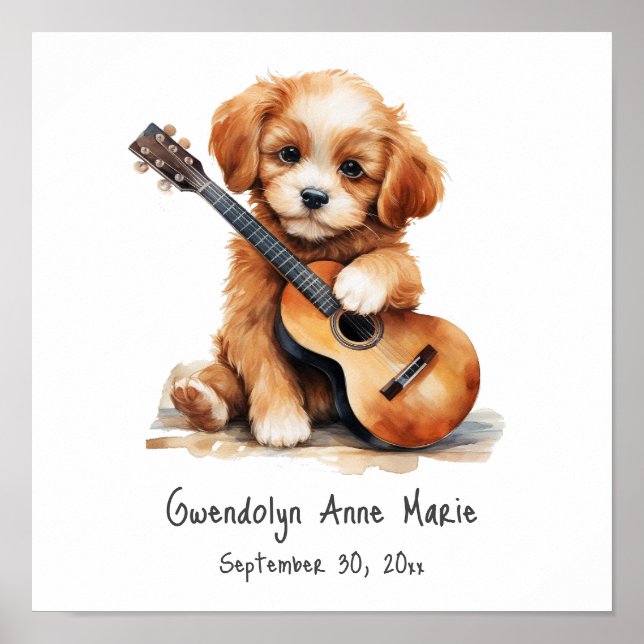 Nursery Art Poster Puppy with Guitar (Front)