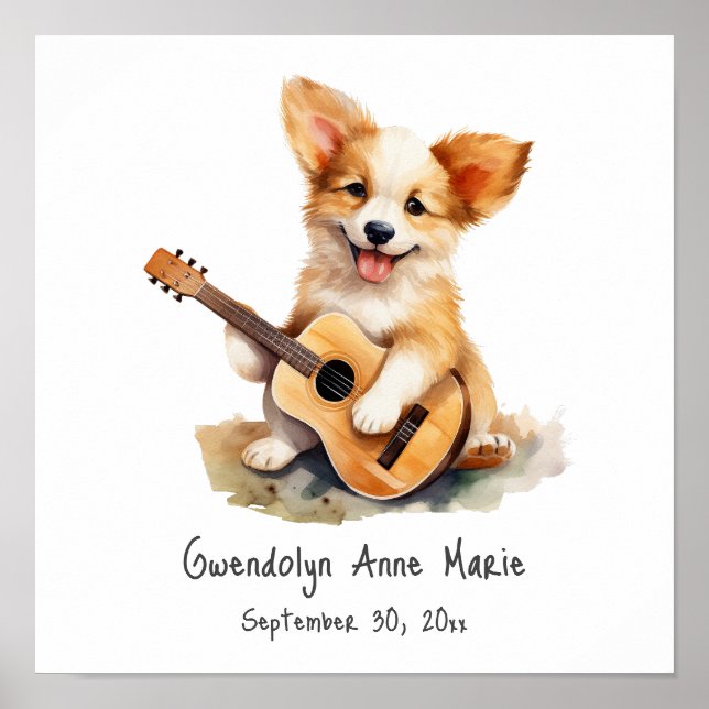 Nursery Art Poster Puppy with Guitar (Front)