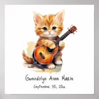 Nursery Art Poster Tabby Cat with Guitar