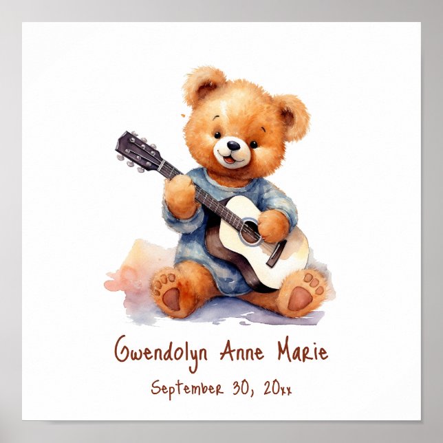 Nursery Art Poster Teddy Bear Guitar Customizable (Front)