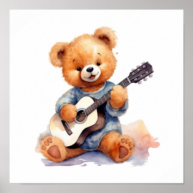 Nursery Art Poster Teddy Bear Guitar Right-Handed  (Front)