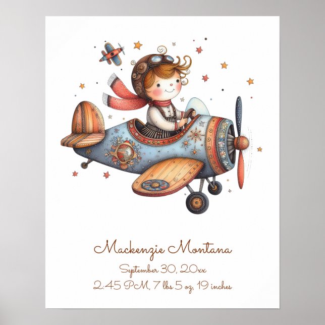 Nursery Artwork Child Flying Plane Personalized Poster (Front)
