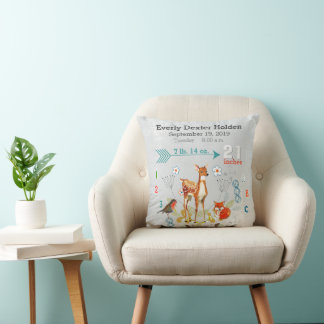 Nursery Baby Birth Stat Fox Deer Floral Arrow Throw Pillow