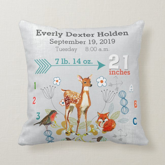 Nursery Baby Birth Stat Fox Deer Floral Arrow Throw Pillow