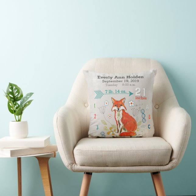 Nursery Baby Birth Stats Fox Warm Gray Throw Pillow (Chair)