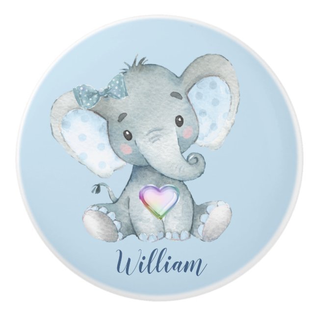 Nursery Baby Blue Elephant Drawer Ceramic Knob (Front)