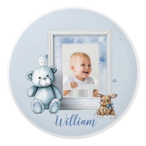 Nursery Baby Blue Photo Frame Teddy Bunny Ceramic Knob