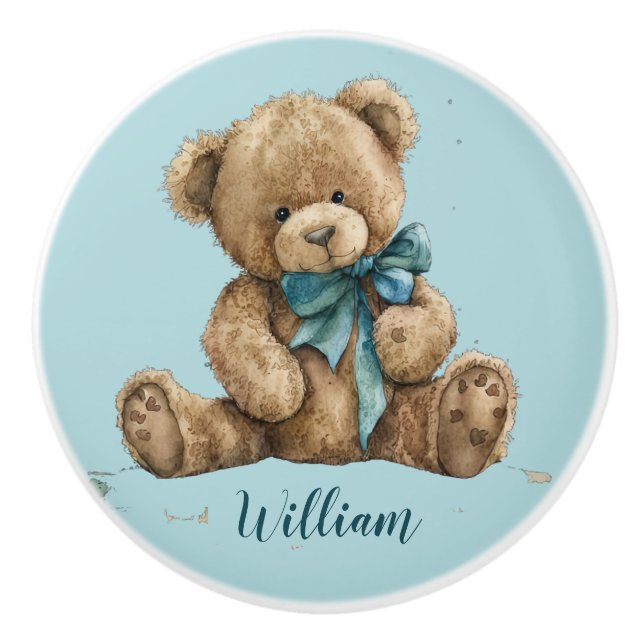 Nursery Baby Blue Teddy Bear Name Ceramic Knob (Front)