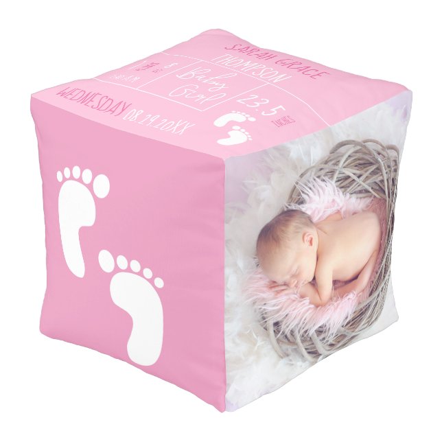 Nursery baby GIRL photo birth Pastel PINK grey Pouf (Angled Front)