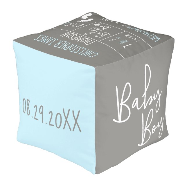 Nursery baby photo birth details Pastel Blue grey Pouf (Angled Back)
