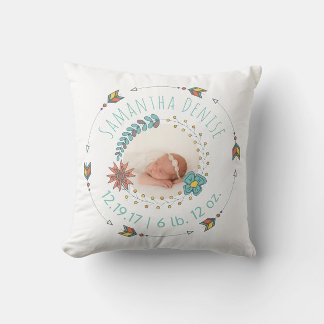 Nursery Birth Announcement Photo Tribal Arrow Boho Throw Pillow (Front)