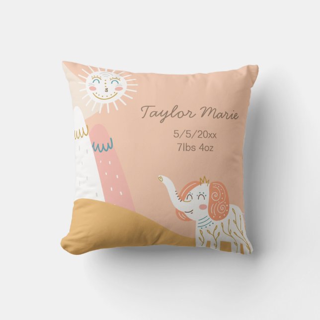 Nursery Birth Stats Boho Sunshine Elephant Throw Pillow (Front)