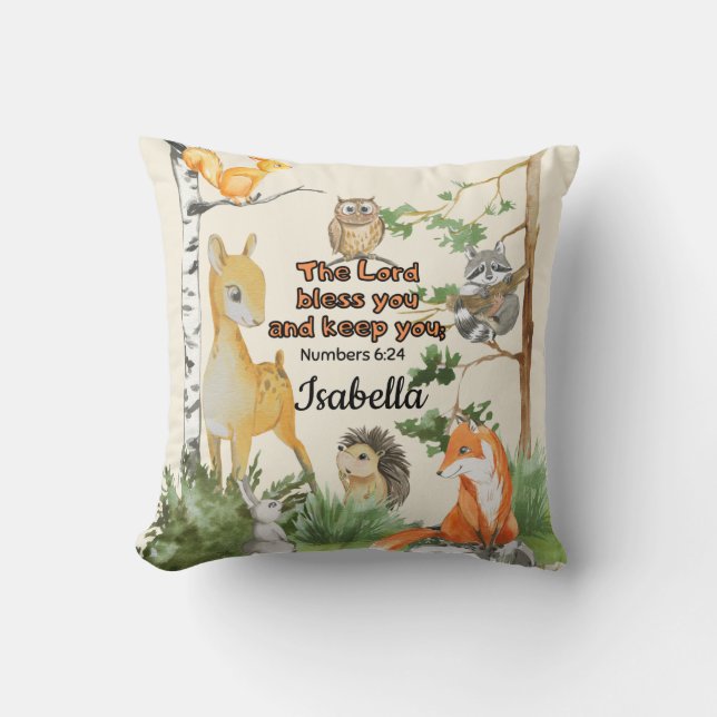 Nursery Blessing Bible Verse Cute Woodland Animals Throw Pillow (Front)