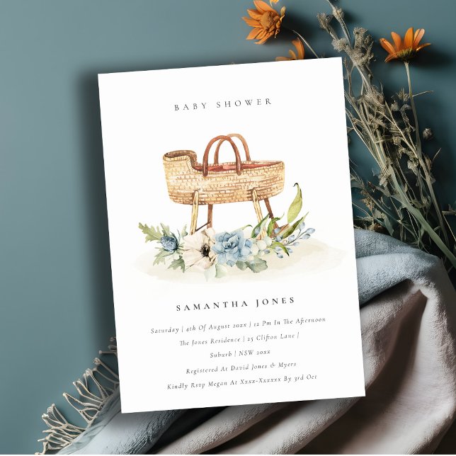 Nursery Blue Floral Bassinet Baby Shower Invite (Creator Uploaded)