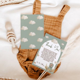 Nursery Boho Bear Baby Shower Green Floral Thank You Card