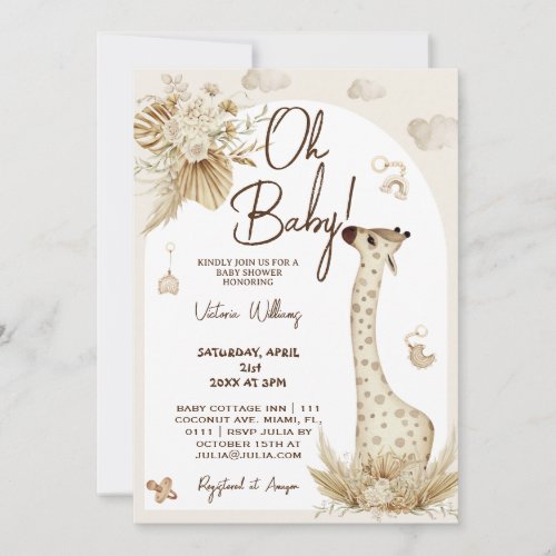 Nursery Boho giraffe baby shower  Invitation