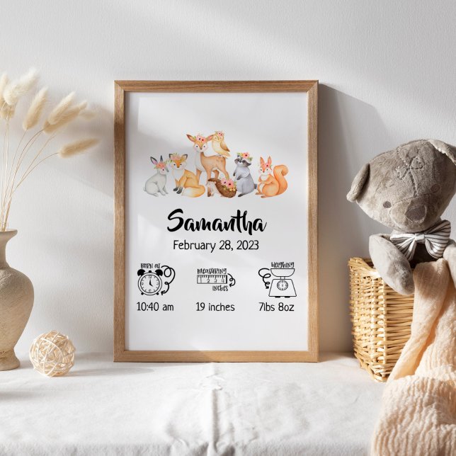 Nursery boho woodland animals birth stats poster (Creator Uploaded)