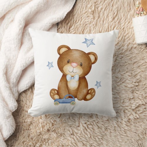 Nursery Boy Bear Blue Bowtie Stars Car Toy   Throw Pillow