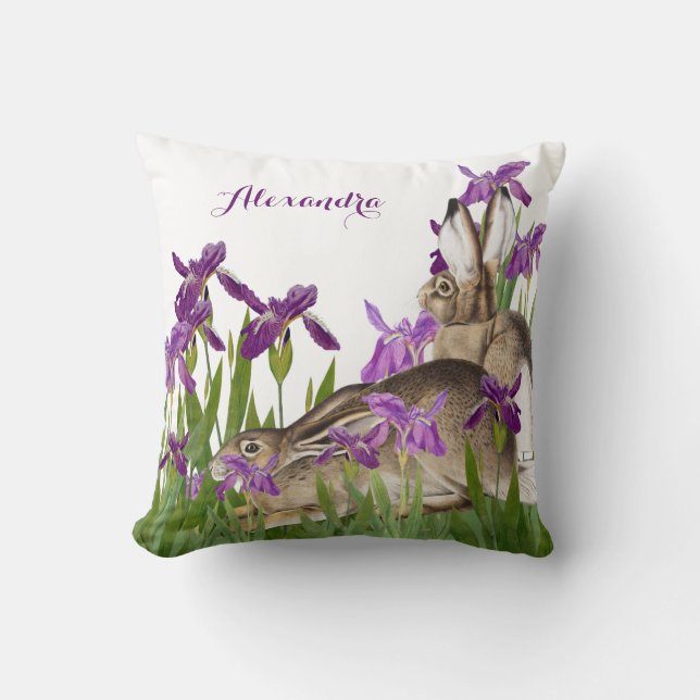 Nursery Bunny Rabbit Purple Iris Floral Throw Pillow (Front)