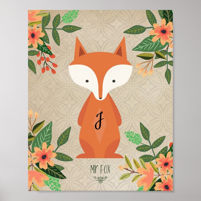 nursery child's poster monogram fox floral (Front)