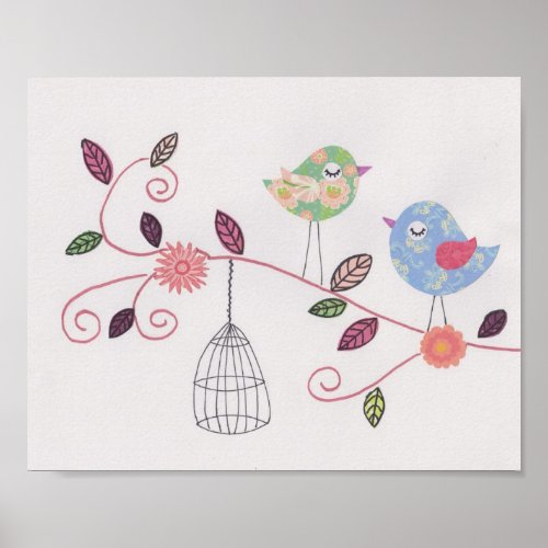 Nursery collage art little birdies poster