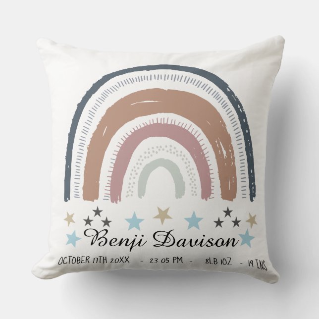Nursery Cushion Birth Record Rainbow Stars (Front)