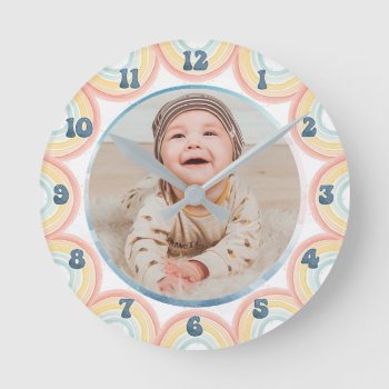 Nursery Custom Baby Photo Watercolor Rainbows Cute Round Clock by PictureCollage at Zazzle
