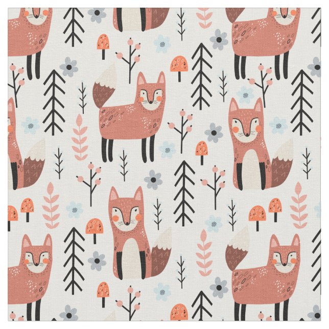 Nursery Cute Fox Forest Woodland Pattern Fabric (Close Up)