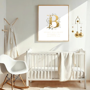 Nursery Cute Romantic Floral B Letter Gold Effect Poster