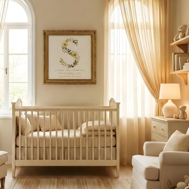 Nursery Cute Romantic Floral S Letter Gold Effect Poster (Delicate Romantic Floral S Letter in Gold Glitter Effect Posters for Nursery Decor. )