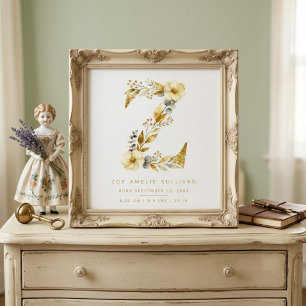 Nursery Cute Romantic Floral Z Letter Gold LPM26 Poster