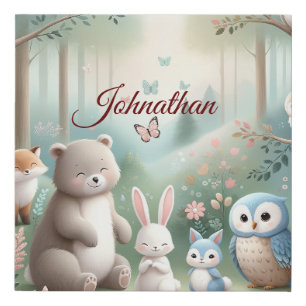 Nursery Decor, Forest Cute Animals - Custom Name Faux Canvas Print