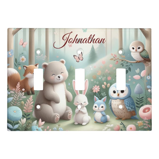 Nursery Decor, Forest Cute Animals - Custom Name  Light Switch Cover (Front)