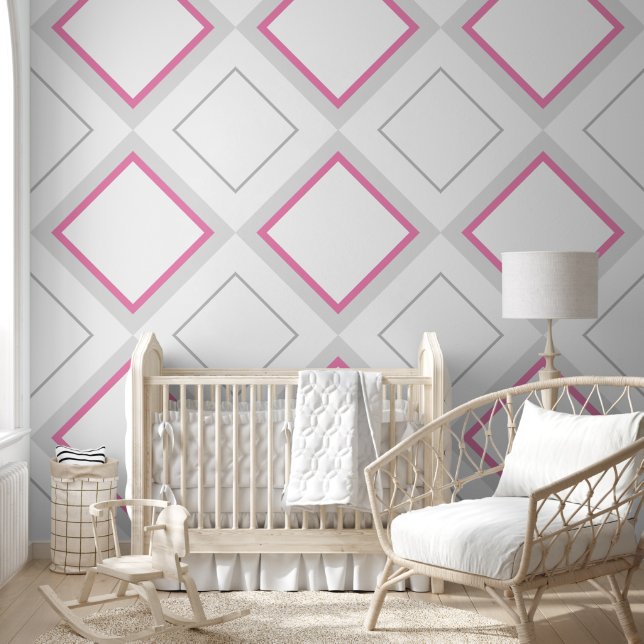 Nursery Girls Room Large Pink & Gray Diamonds Wallpaper (Kids)