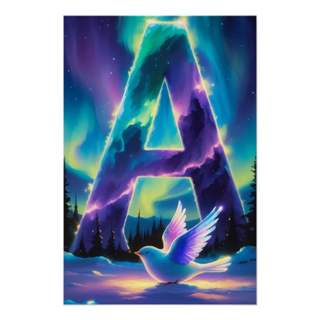Nursery Letter A Name Northern Lights Baby Bird Poster (Front)