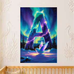 Nursery Letter A Name Northern Lights Baby Bird Poster