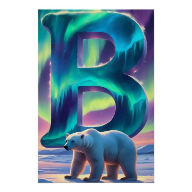 Nursery Letter B Name Northern Lights Polar Bear Poster (Front)