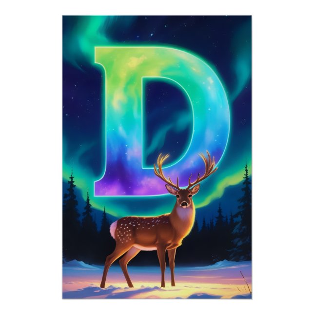 Nursery Letter D Name Northern Lights Deer Baby Poster (Front)