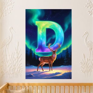 Nursery Letter D Name Northern Lights Deer Baby Poster