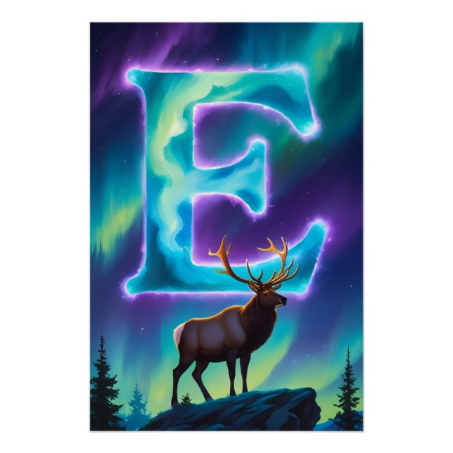 Nursery Letter E Name Northern Lights Elk Baby Poster (Front)