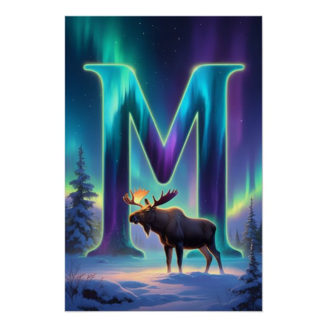 Nursery Letter M Name Northern Lights Moose Poster (Front)