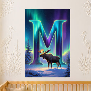 Nursery Letter M Name Northern Lights Moose Poster