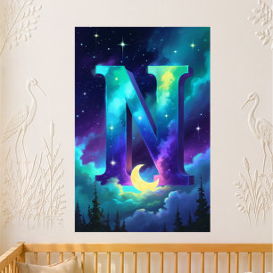 Nursery Letter N Name Northern Lights Moon Poster